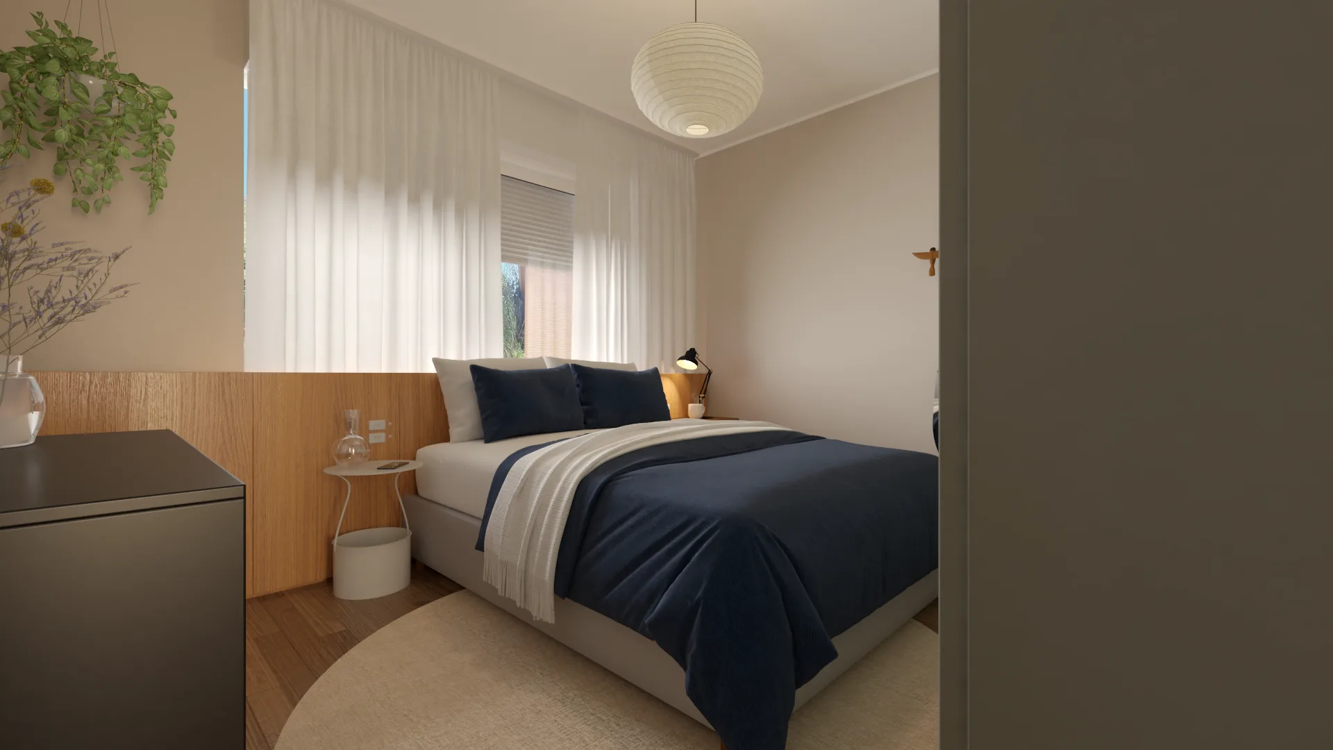 quarto com cama de casal, móvel cinza junto à parede, parede bege e cabeceira de madeira